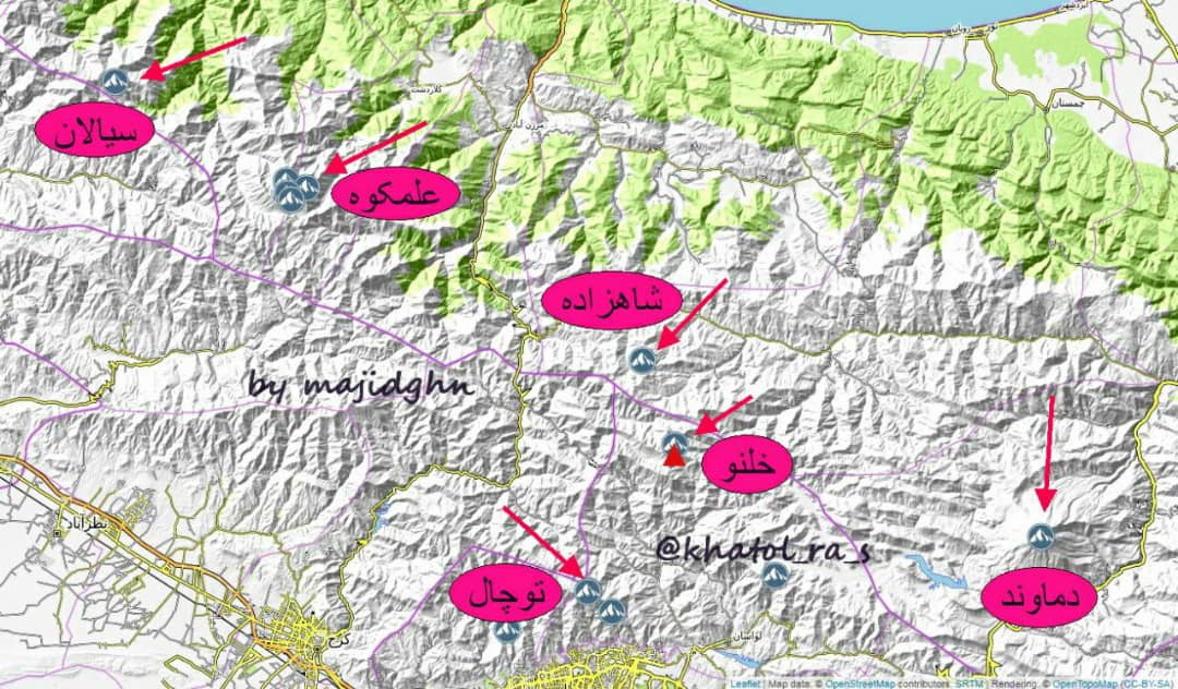 موقعیت مکانی و شماتیک قله های شاخص و معروف رشته کوه البرز 
